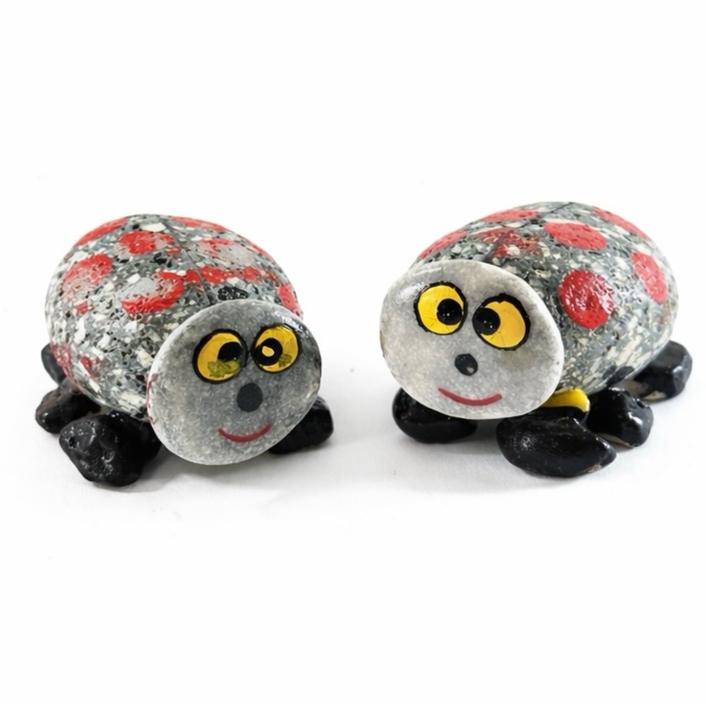 Hand Painted Stone Ladybug Figurines Set of 2 Folk Art Garden Decor 2” - Picture 2 of 8